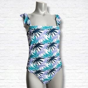 Jones New York Tropical Palm Print One Piece Ruffle Strap Bathing Suit Size M